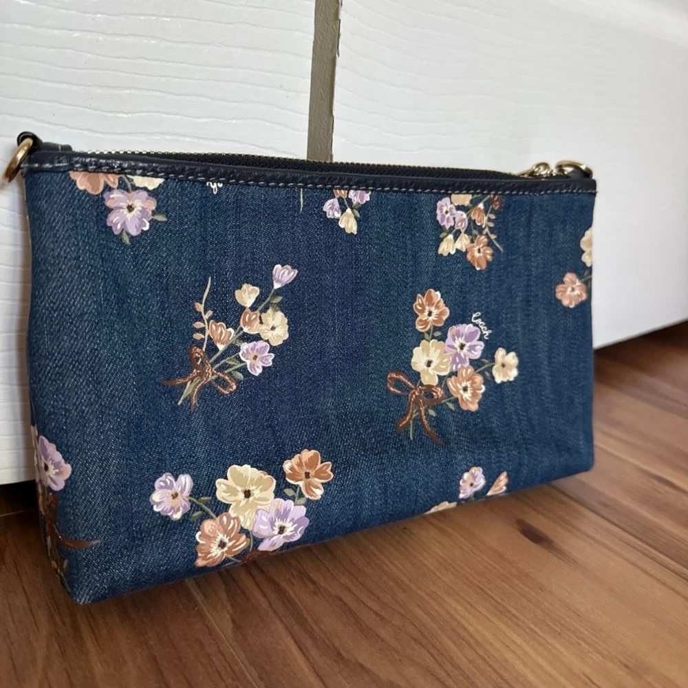 Coach zip top denim clutch with painted floral print - Picture 2 of 9